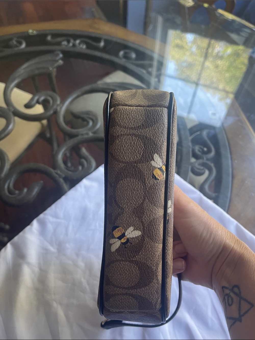 Coach Brown Signature Bee Print Mini Wristlet with Black Strap - Picture 3 of 3